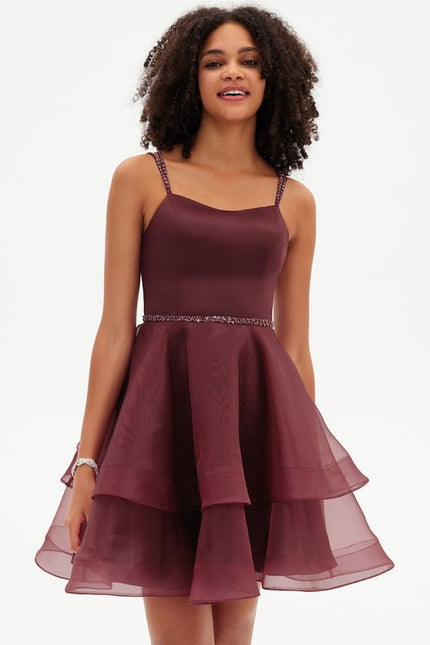 Trapèze col rond court organza robe de bal de promo avec perles paillettes