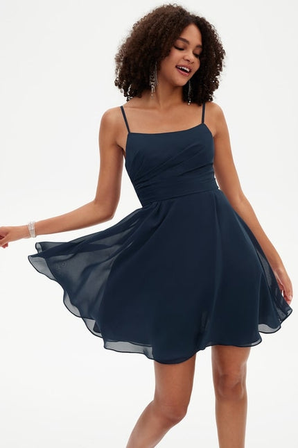 Trapèze col rond court mousseline robe de bal de promo