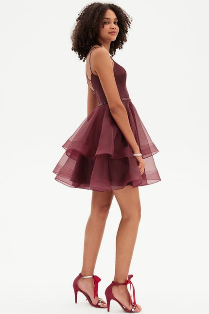 Trapèze col rond court organza robe de bal de promo avec perles paillettes - gallery 2