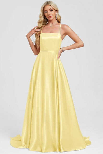 Trapèze col carré traîne balayage satin extensible robe de bal - gallery 1