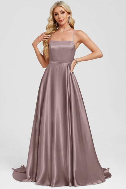 Trapèze col carré traîne balayage satin extensible robe de bal - gallery 3