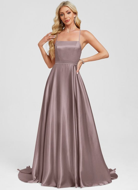 Trapèze col carré traîne balayage satin extensible robe de bal - gallery 3