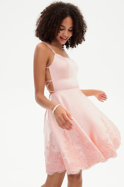 Trapèze col rond court satin robe de bal de promo - gallery 3