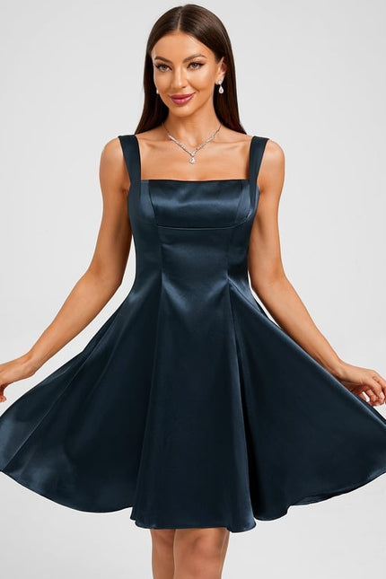 Trapèze col droit court satin extensible robe de bal de promo avec nœud
