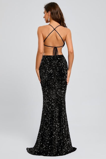 Fourreau col v longueur ras du sol paillette robe de bal avec paillettes