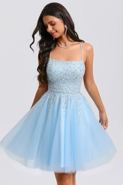 Trapèze col rond court tulle paillette robe de bal de promo avec paillettes perles - gallery 1