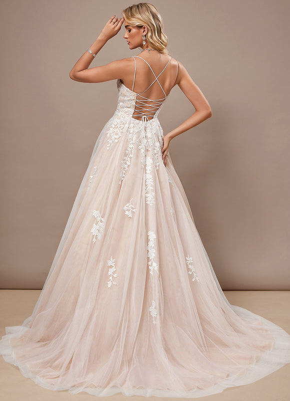 Princesse col carré traîne balayage tulle dentelle robe de mariée - gallery 7