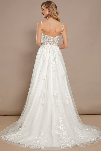 Princesse col carré traîne balayage tulle dentelle robe de mariée - gallery 6