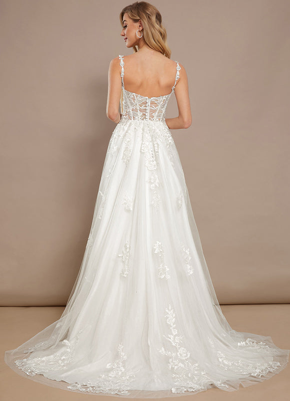 Princesse col carré traîne balayage tulle dentelle robe de mariée - gallery 6