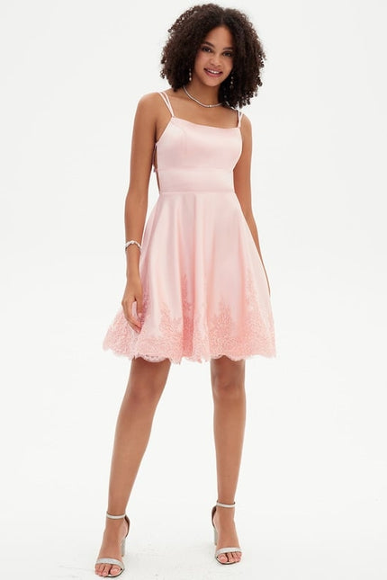 Trapèze col rond court satin robe de bal de promo - gallery 2