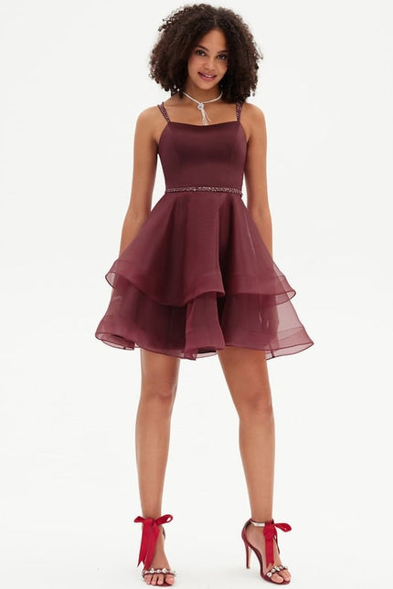 Trapèze col rond court organza robe de bal de promo avec perles paillettes - gallery 1