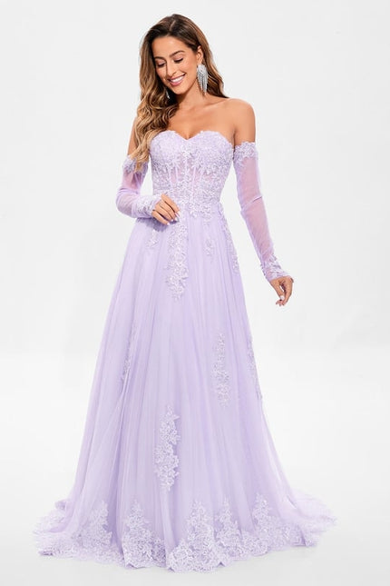Trapèze col cœur traîne balayage tulle robe de bal avec paillettes appliques de dentelle - gallery 3