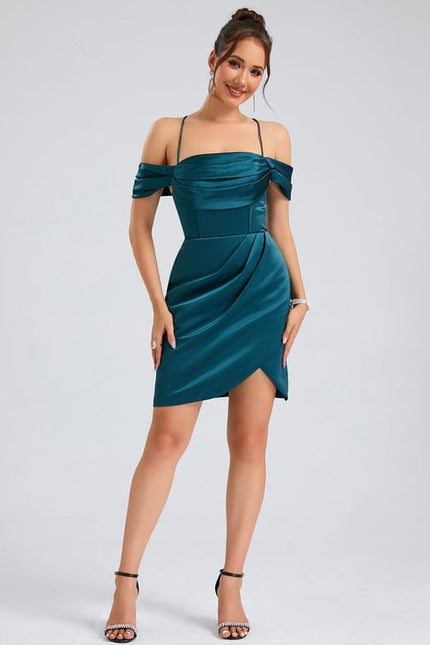 Fourreau épaule dénudée court satin robe de bal de promo - gallery 2