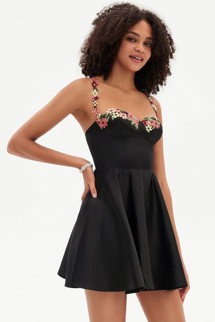 Trapèze col cœur court mini satin robe de bal de promo avec broderie - gallery 1