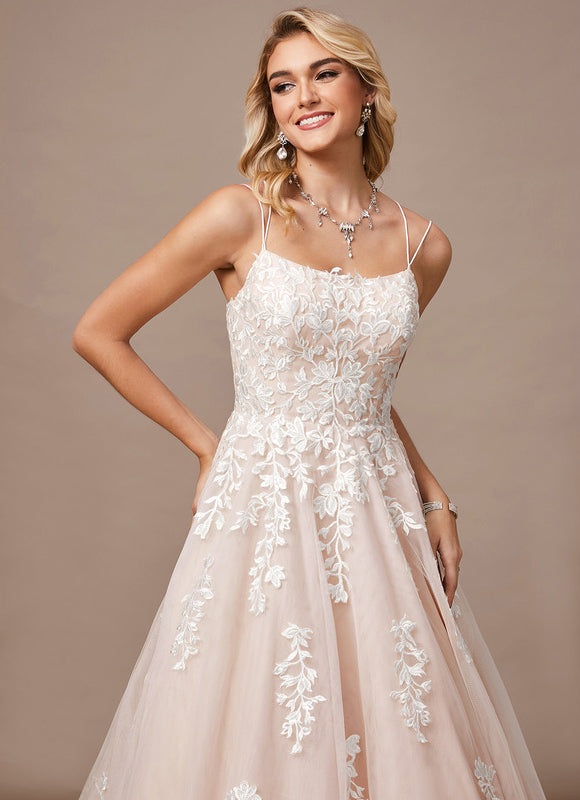 Princesse col carré traîne balayage tulle dentelle robe de mariée - gallery 5