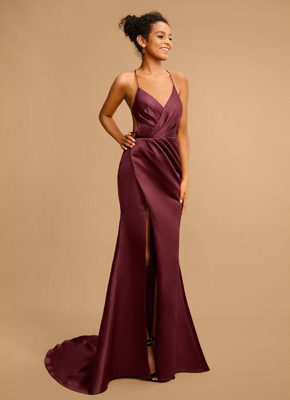 Fourreau col v traîne balayage satin robe de bal avec plissée - gallery 3