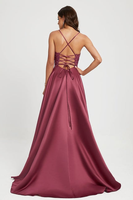 Trapèze col carré traîne balayage satin robe de bal avec strass - gallery 3