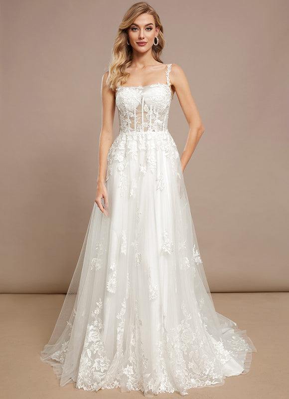 Princesse col carré traîne balayage tulle dentelle robe de mariée - gallery 1