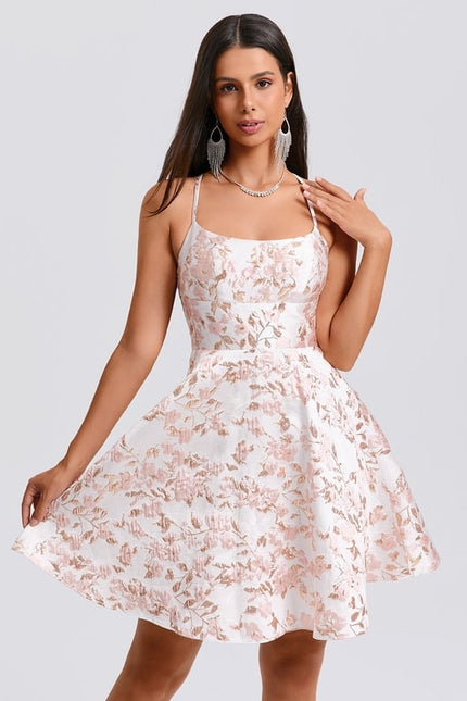 Trapèze col rond court jacquard robe de bal de promo