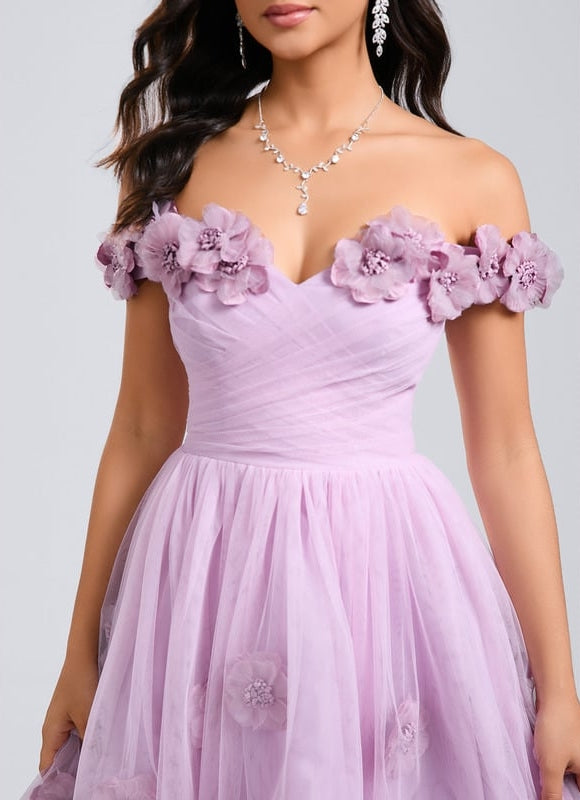 Princesse épaule dénudée court tulle robe de bal de promo avec plissée fleurs - gallery 4