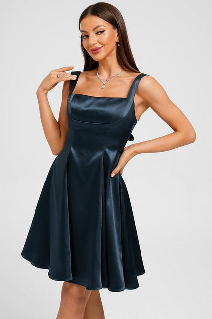 Trapèze col droit court satin extensible robe de bal de promo avec nœud - gallery 5