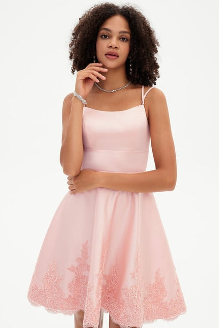 Trapèze col rond court satin robe de bal de promo - gallery 1