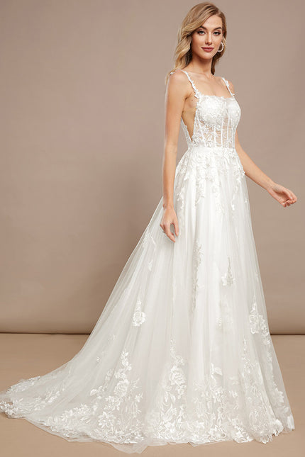 Princesse col carré traîne balayage tulle dentelle robe de mariée - gallery 3