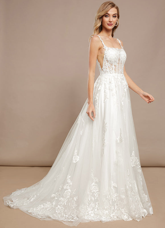 Princesse col carré traîne balayage tulle dentelle robe de mariée - gallery 3