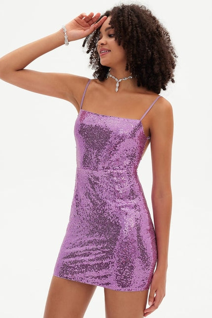 Fourreau col droit mini paillette robe de bal de promo avec paillettes - gallery 6
