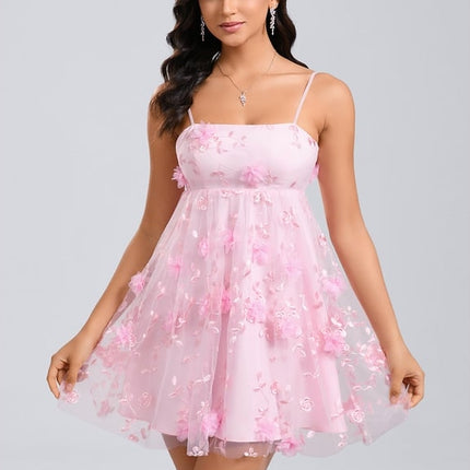 Trapèze col droit mini dentelle robe de bal de promo avec nœud fleurs