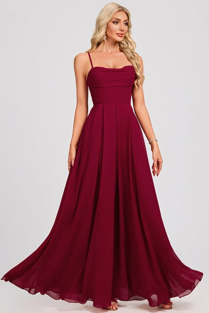 Trapèze col cœur longueur ras du sol mousseline robe de bal avec plissée - gallery 4