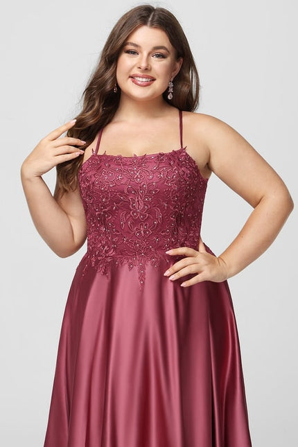 Trapèze col carré traîne balayage satin robe de bal avec strass - gallery 6
