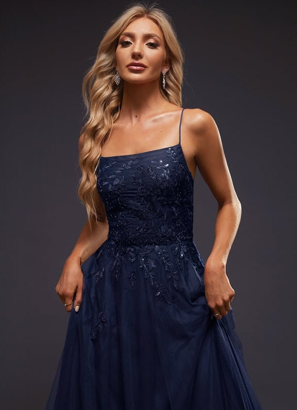 Trapèze col droit longueur ras du sol tulle robe de bal avec paillettes - gallery 4