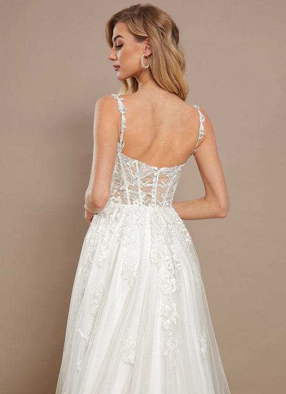 Princesse col carré traîne balayage tulle dentelle robe de mariée - gallery 5