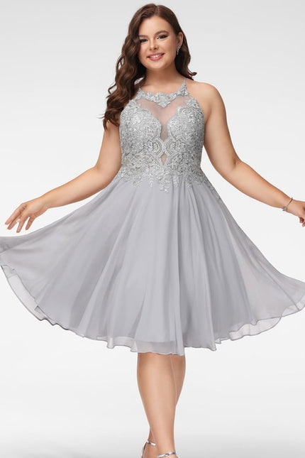 Trapèze col rond longueur genou dentelle mousseline robe de cocktail avec paillettes - gallery 5