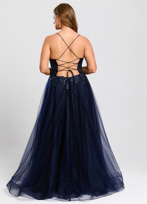 Trapèze col droit longueur ras du sol tulle robe de bal avec paillettes - gallery 8