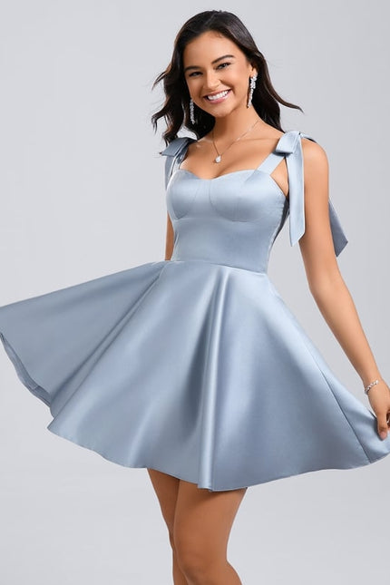Trapèze col cœur court satin robe de bal de promo avec nœud - gallery 4