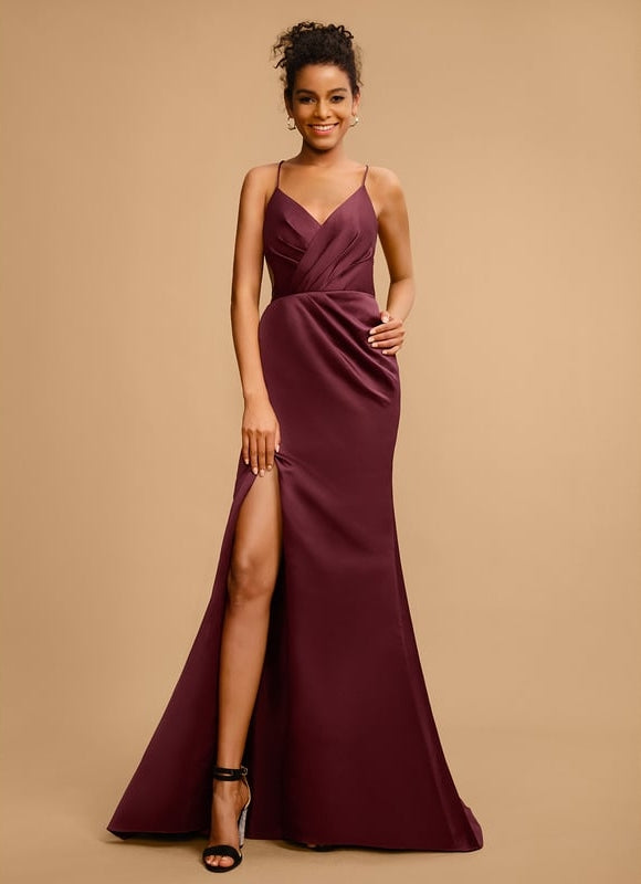 Fourreau col v traîne balayage satin robe de bal avec plissée - gallery 2