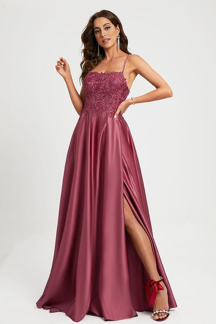 Trapèze col carré traîne balayage satin robe de bal avec strass - gallery 4