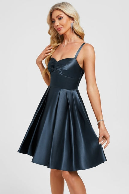 Trapèze col cœur court satin extensible robe de bal de promo avec plissée - gallery 4