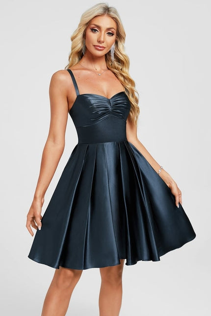 Trapèze col cœur court satin extensible robe de bal de promo avec plissée - gallery 1