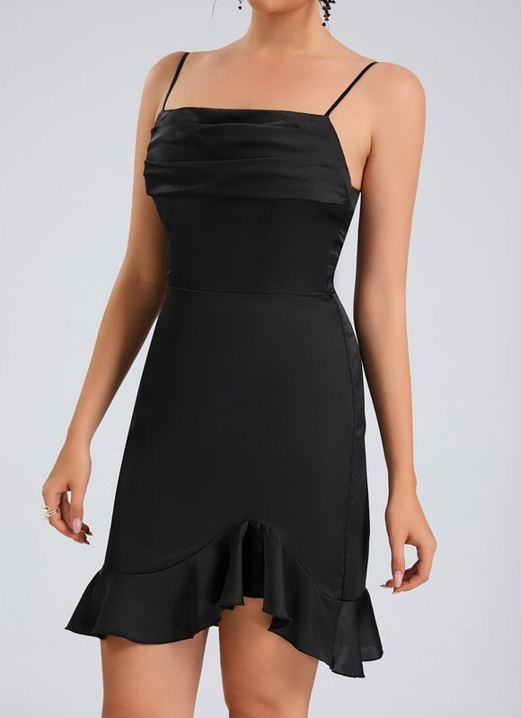 Fourreau col droit court satin de soie robe de bal de promo avec à volants - gallery 6