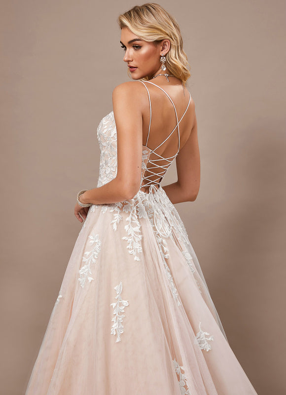 Princesse col carré traîne balayage tulle dentelle robe de mariée - gallery 6