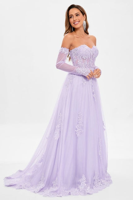 Trapèze col cœur traîne balayage tulle robe de bal avec paillettes appliques de dentelle - gallery 4