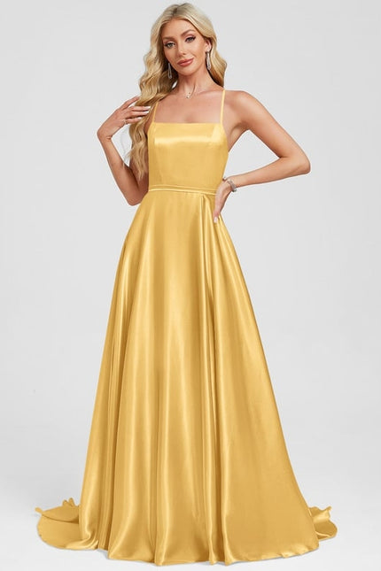 Trapèze col carré traîne balayage satin extensible robe de bal - gallery 4