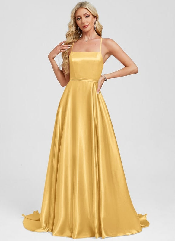 Trapèze col carré traîne balayage satin extensible robe de bal - gallery 4