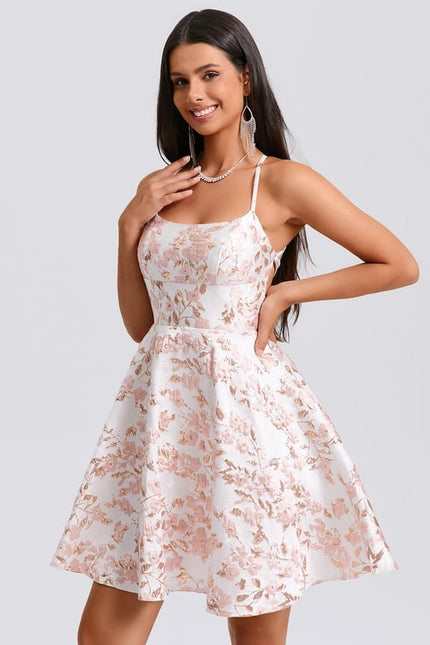 Trapèze col rond court jacquard robe de bal de promo - gallery 3