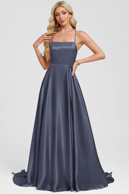 Trapèze col carré traîne balayage satin extensible robe de bal - gallery 9
