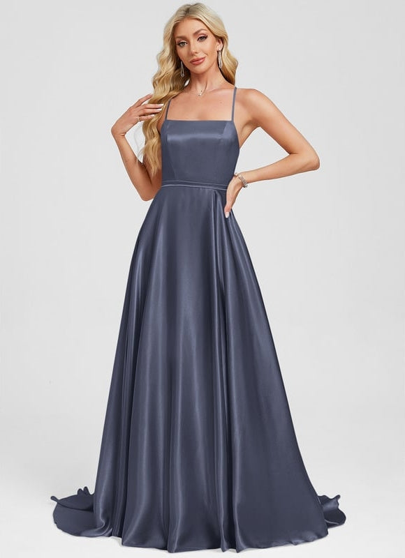 Trapèze col carré traîne balayage satin extensible robe de bal - gallery 9
