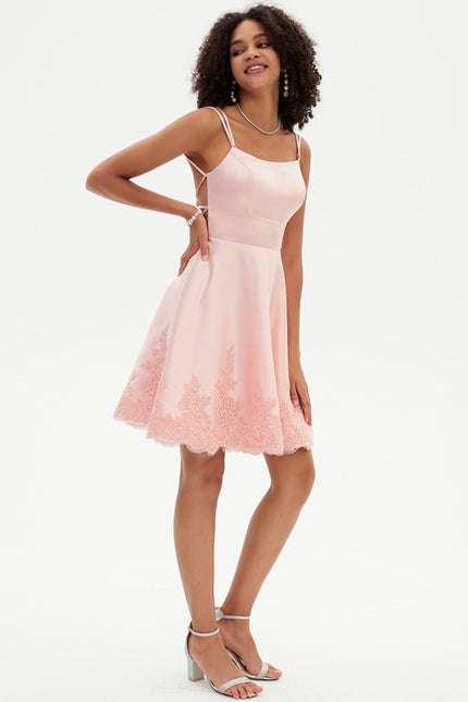 Trapèze col rond court satin robe de bal de promo - gallery 4